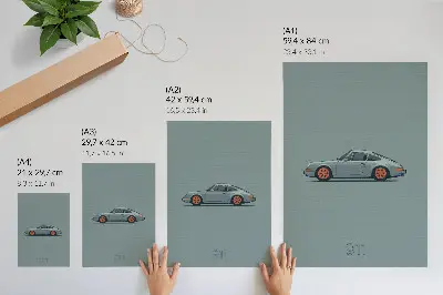 Poster classic car with orange rims on a gray background