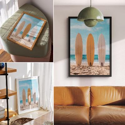 Art print Surfboards on the beach under a blue sky
