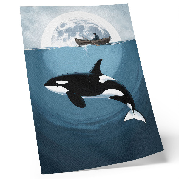 Premium wall art Killer whale underwater, figure on boat, moon in background