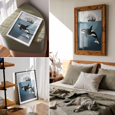 Premium wall art Killer whale underwater, figure on boat, moon in background