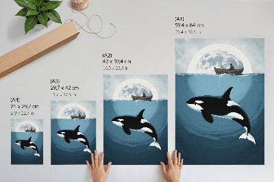 Premium wall art Killer whale underwater, figure on boat, moon in background