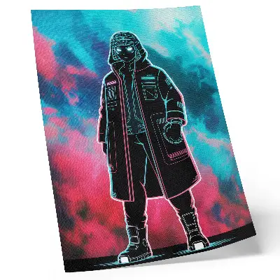 Decorative poster futuristic figure against the sky in strong colors