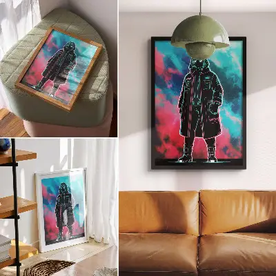 Decorative poster futuristic figure against the sky in strong colors