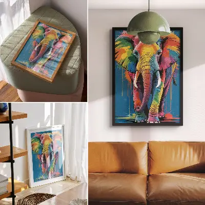 Premium wall art colorful elephant with contrasting intense colors