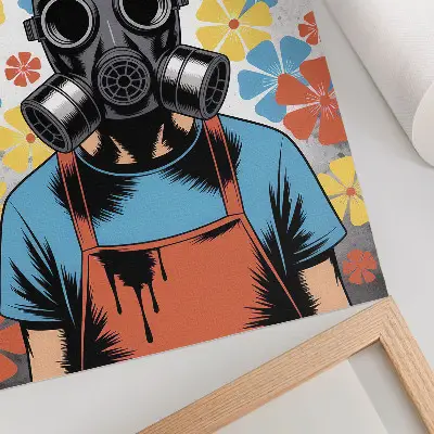 Decorative poster comic book style character with a mask and colorful flowers