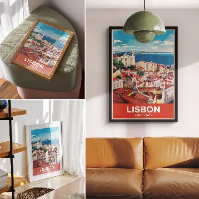 City panorama poster with warm colors and a peaceful atmosphere