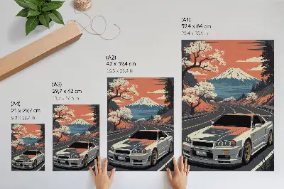 Poster sports car in a dynamic mountain landscape
