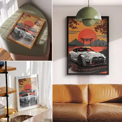 Art print featuring a car in a harmonious Japanese landscape