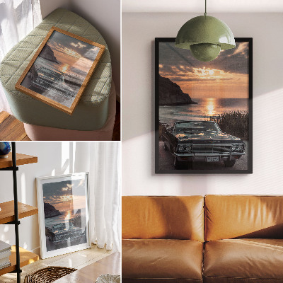 Premium wall art Retro car sunset sea nostalgic
