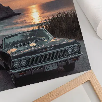 Premium wall art featuring a retro car driving into a nostalgic sunset over the sea