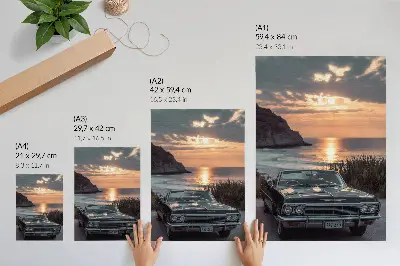 Premium wall art featuring a retro car driving into a nostalgic sunset over the sea