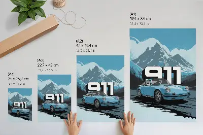 Poster classic car in the mountains with large lettering