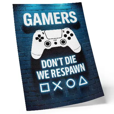 Art print featuring lettering over a blue brick wall with white controllers