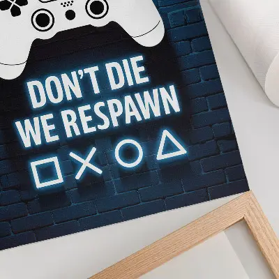 Art print featuring lettering over a blue brick wall with white controllers