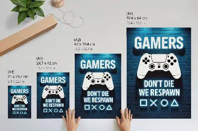 Art print featuring lettering over a blue brick wall with white controllers
