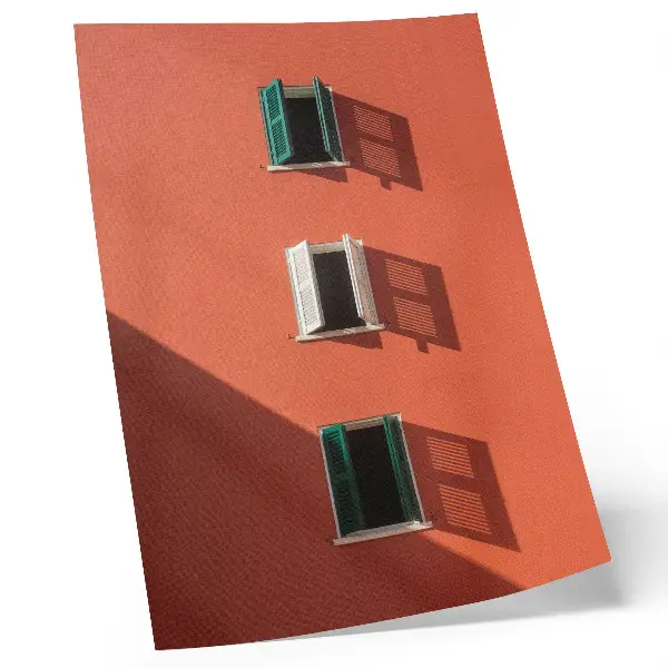 Decorative poster orange wall with three windows and green blinds