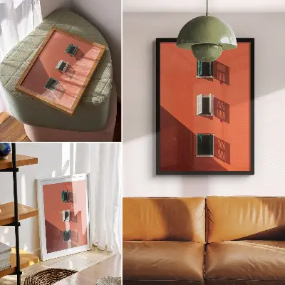 Decorative poster orange wall with three windows and green blinds