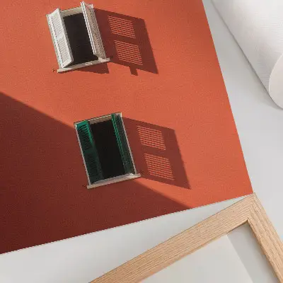 Decorative poster orange wall with three windows and green blinds
