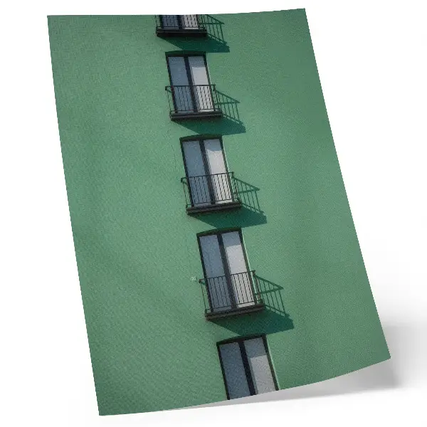 Poster green facade with windows, balconies, and shadows in a modern style