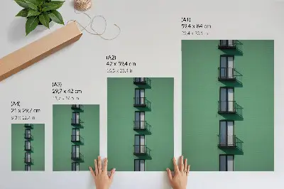 Poster green facade with windows, balconies, and shadows in a modern style