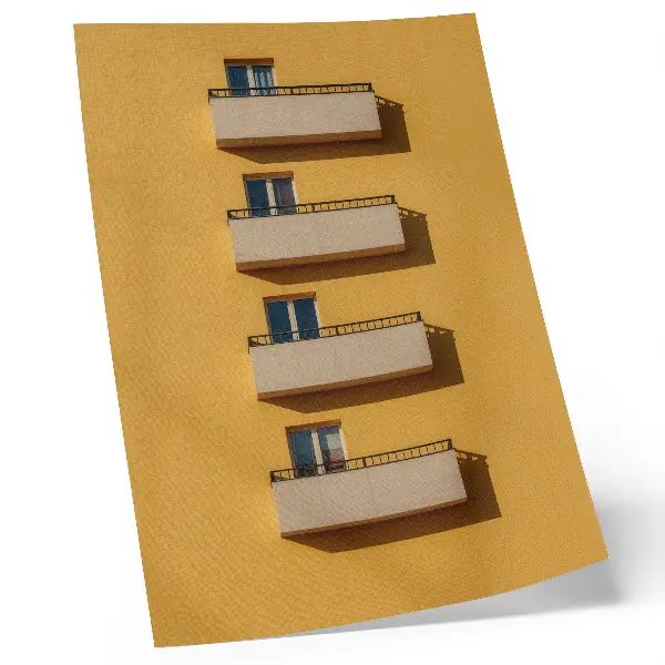 Art print yellow facade with four balconies in a minimalist composition