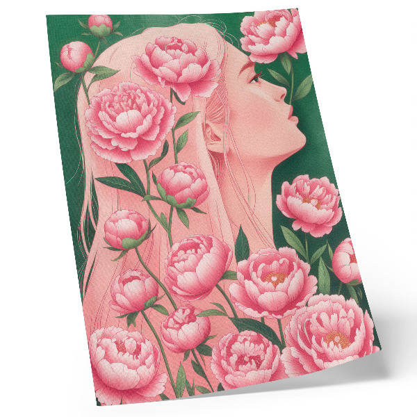Premium wall art A woman among pink peonies against a green background