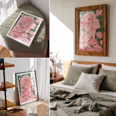 Premium wall art A woman among pink peonies against a green background