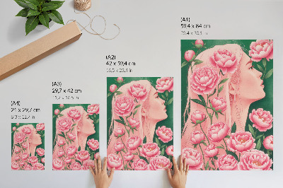 Premium wall art A woman among pink peonies against a green background