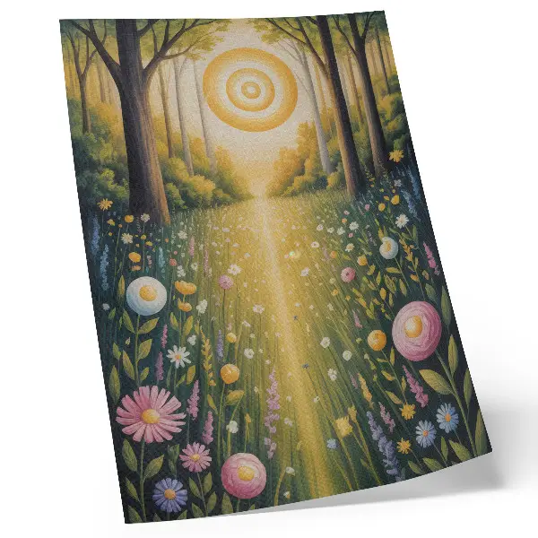 Decorative poster forest path with sunlit flowers