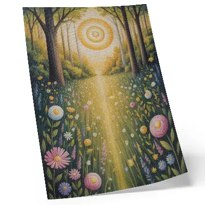 Decorative poster forest path with sunlit flowers