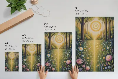 Decorative poster forest path with sunlit flowers