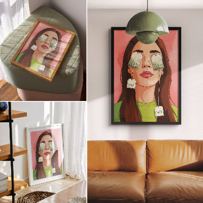 Art print Colorful background with green details and a figure with tea