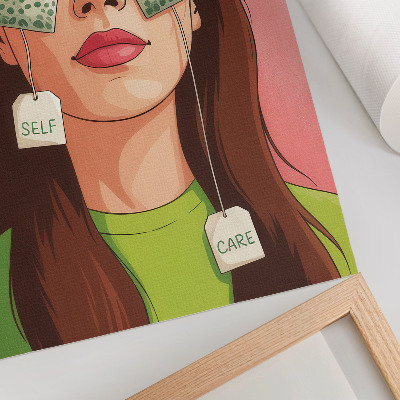 Art print Colorful background with green details and a figure with tea