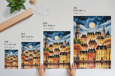 Poster An atmospheric city at night with the moon in the sky