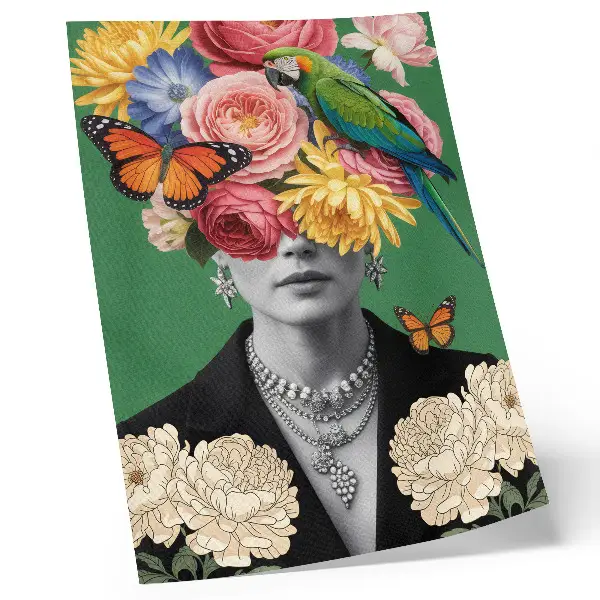 Poster featuring flowers, birds, butterflies, and elegant surrealist figures