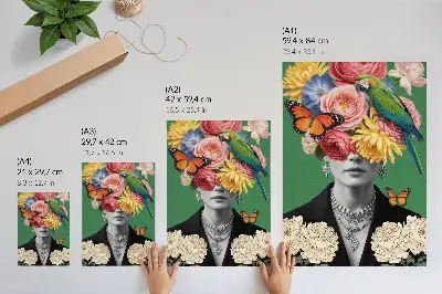Poster featuring flowers, birds, butterflies, and elegant surrealist figures