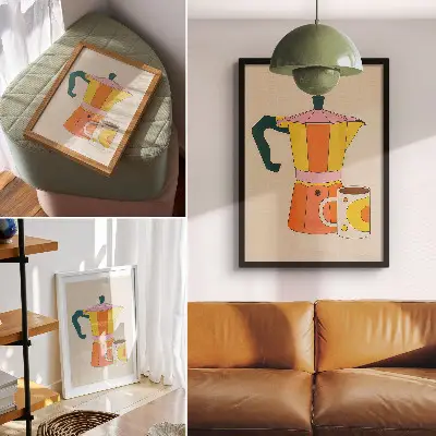 Art print geometric coffee pot and mug in vivid and optimistic colors