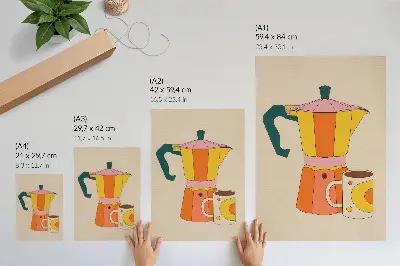 Art print geometric coffee pot and mug in vivid and optimistic colors