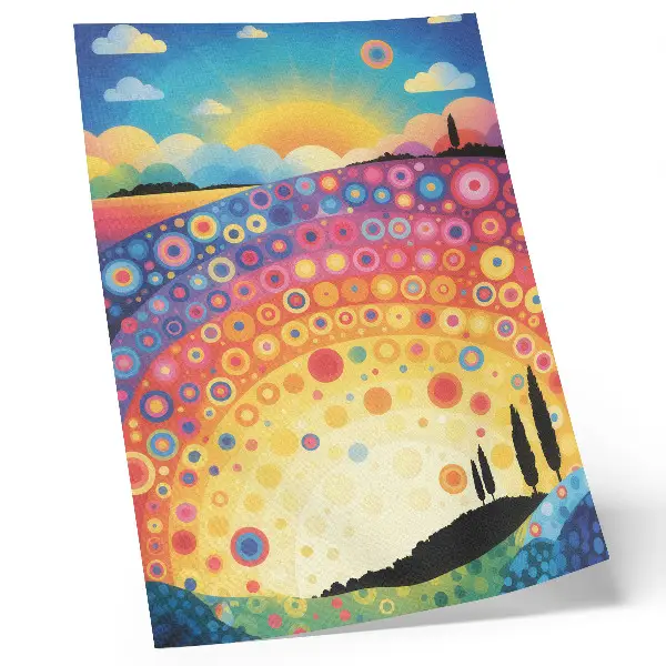 Art print energetic rainbow circles against a sunset backdrop