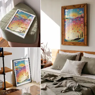 Art print energetic rainbow circles against a sunset backdrop