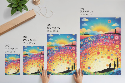 Art print Energetic rainbow circles against the backdrop of a sunset