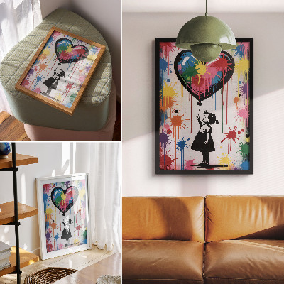 Poster Black and white figure with a colorful graffiti heart