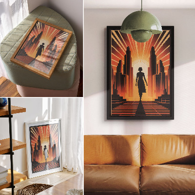 Poster City silhouette orange light woman