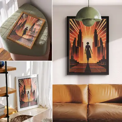 Poster city silhouette with orange light and woman