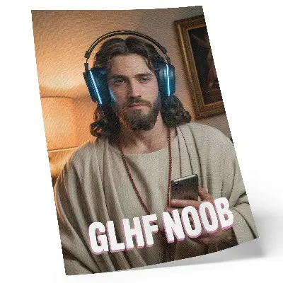 Art print man in headphones with a smartphone and rosary inscription