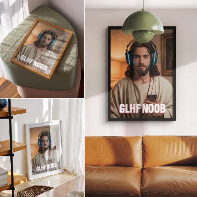 Art print Man in headphones smartphone rosary inscription