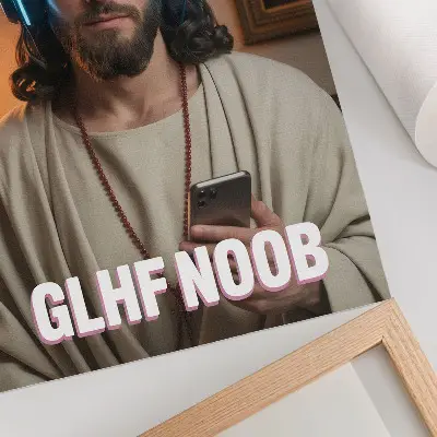 Art print man in headphones with a smartphone and rosary inscription