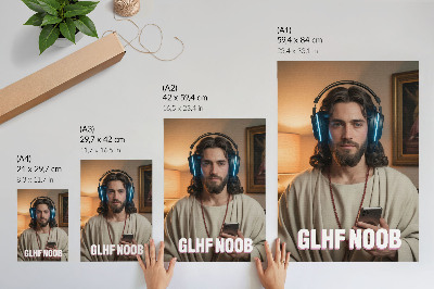 Art print Man in headphones smartphone rosary inscription