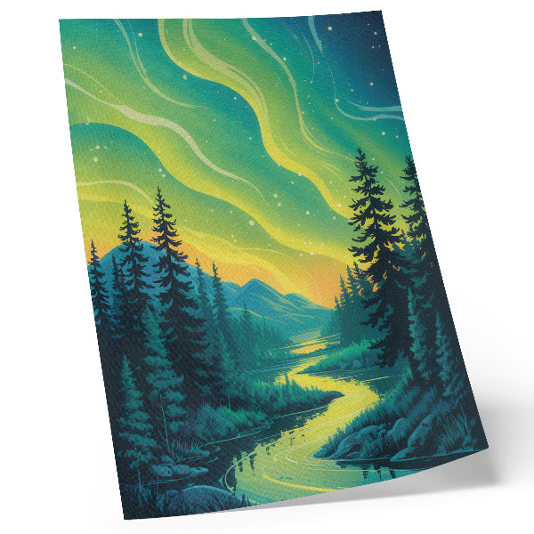 Art print Aurora against the background of the forest and river, harmonious colors