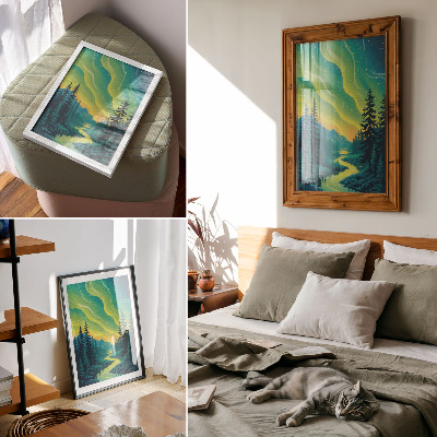 Art print Aurora against the background of the forest and river, harmonious colors